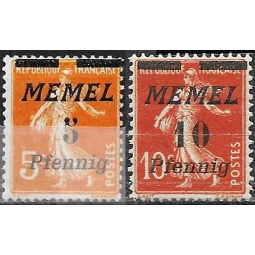 Lituanie, Enclave De Memel Sous Adm. Française 1922, Beaux Timbres Neufs* Yvert 45 Et 46, Type Semeuse 5c. Orange Et 10c. Rouge Brique Surchargés "Memel" Et Nouvelle Valeur En Pfennig.