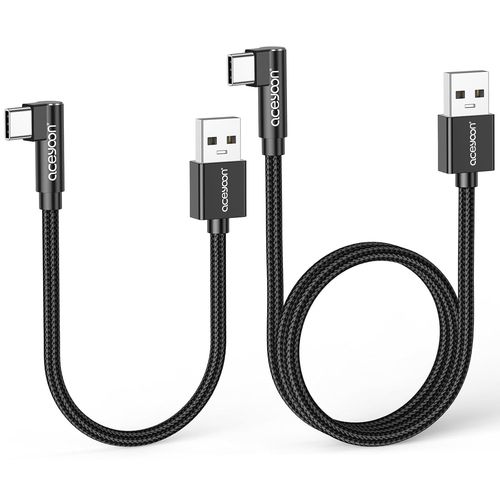 KAL-Cable USB Type C Coudé Lot de 2 Cable USB C Court 20cm et 50cm Charge Synchro Rapide Cable USB C 90 Degrés en Nylon Tressé USB C Chargeur Compatible avec Huawei Mate Samsung Galaxy