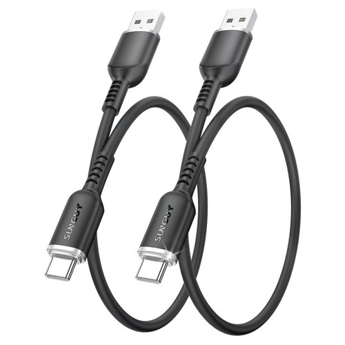 KAL-Câble USB vers USB C, 2 pièces 0,3M Câble USB C flexible en silicone, compatible Android Auto pour iPhone 16/15 Pro Max 16E, Galaxy S24, Redmi Note 13 4G,OPPO, Realme 5 Pro- Noir