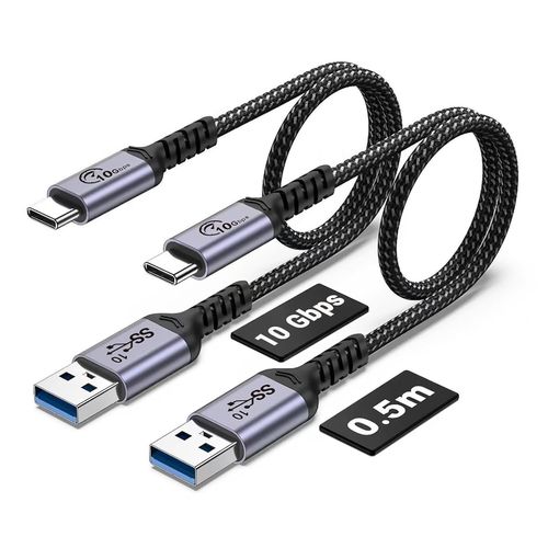 KAL-Lot de 2 câbles de données USB C de 50 cm 10 Gbps - Câble USB 3.1 Gen 2 de type C 3A - Câble de transfert de données rapide - Compatible avec Samsung Galaxy S21 S10 S9 Note 20