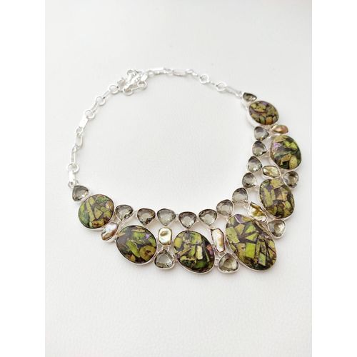 Collier Argent 925 En Jaspe Atlantisite Et Perle De Biwa