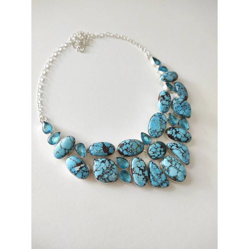 Collier En Argent 925 Avec Turquoise Bleue Et Topaze