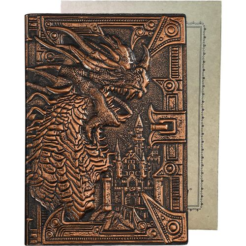 A5 Carnet Ligné Couverture Rigide, 200 Pages, Fait Main, Vintage Cuir, Ancien Journal Intime Notebook Lined Cahier De Voyage Calepin Bloc Notes, Cadeau Homme Femme Garcon Dragon3d Magique Cuivre.[G264]