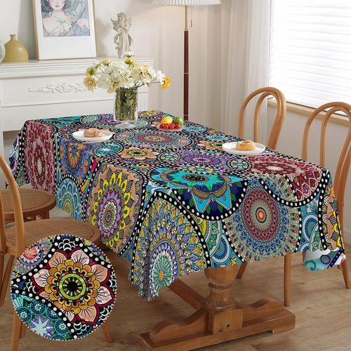 Nappe Rectangulaire Anti Tache, Nappe de Table Enduite Nappe Boho 110x140, Nappe Exterieur Imperméable en Polyester Protection de Table pour Salle à Mangerr Jardin Cuisine Pique-Nique.[G43]