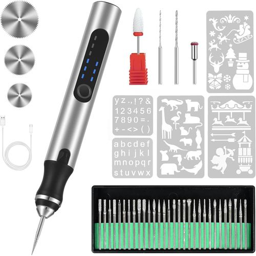 Stylo Graveur Électrique, Kit de Outil de Gravure USB Rechargeable avec 37 Bits et 5 Pochoirs Mini Perceuse Sans Fil Graveur Rotatif de Bricolage Portable pour Bijoux Verre Plastique Bois.[G35]