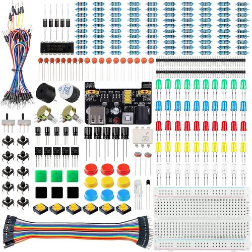 Kit de démarrage de Base pour Arduino avec Carte connectée, Module d'alimentation, câble de Jumper, resistors, LED, Planche de Connexion électronique, Compatible avec Arduino