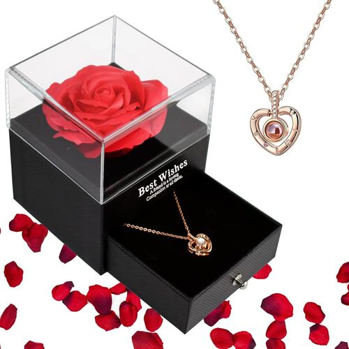 Rose Eternelle Avec Boîte Coffret Cadeau Femme Préservée Rose Avec Je T'aime Collier Cadeau Anniversaire Femme Rose Conservée Faite À La Main Cadeau Maman Noel Mamie Amie Copine Saint Valentin