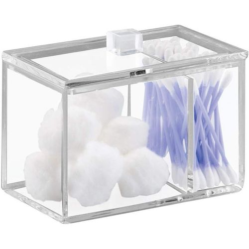 boîte avec couvercle, rangement salle de bain chic en plastique à deux compartiments pour cotons et cotons tige, organiseur transparent