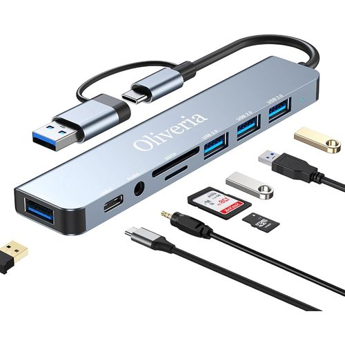 Hub USB C 3.0, 8 en 2 USB Hub 3.0 Multiport Lecteur de Carte SD & TF, Ports USB 3.0 et USB 2.0, Ports Audio 3,5 mm, hub USB Type C MacBook Air/Pro, Galaxy, iPad, Windows, etc