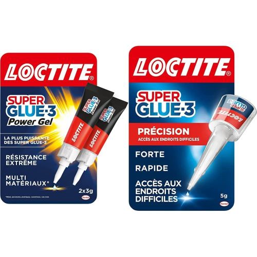 Super Glue-3 Power Gel, colle forte enrichie en caoutchouc, colle gel ultra-résistante, lot de 2 tubes 3 g & Super Glue-3 Précision, colle forte pour réparations précises, flacon 5 g
