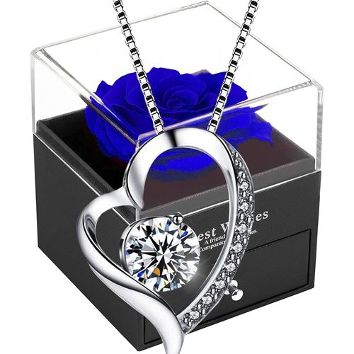 Rose Eternelle Avec Bijoux Argent 925,Collier Femme Boîte De Roses,Pendentif Coeur Avec Rose Conservée,Rose Stabilisée Rouge,Cadeau Pour Elle La Noël,La Saint-Valentin,Fête Des Mères,Anniversaire