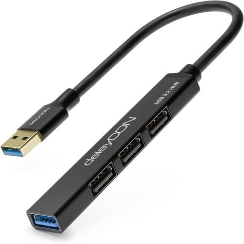 USB A HUB 4 Ports Distributeur - (1x USB3.0 / 3X USB2.0) Boîtier en Aluminium, 15cm, pour PC, Ordinateur Portable, Notebook - Noir