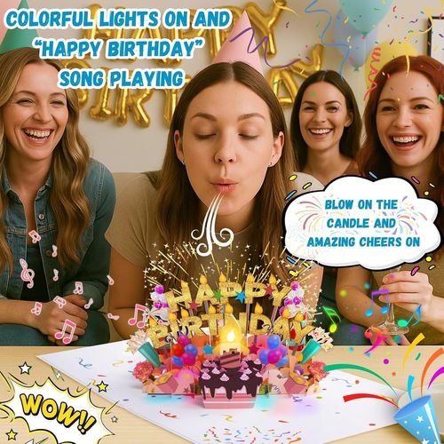 BMTTERQGWO - Lupow Carte Anniversaire Musicale 3D LED et Bougie Soufflable Carte Postale Interactive Femme Homme Mere Epoux Enfant