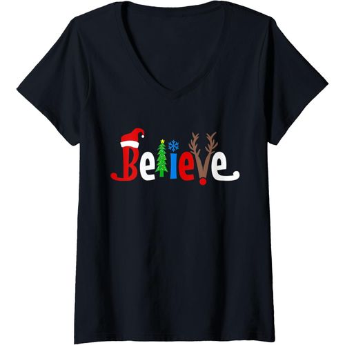 Ershi-Femme Croyez À Noël Noël Noël Noël T-Shirt Avec Col En V[7988]
