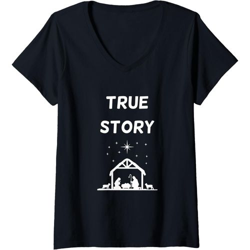 Ershi-Femme Noël Nativité Histoire Vraie Crèche Catholique Cadeaux T-Shirt Avec Col En V[8405]