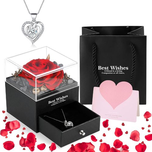 Ershi-Rose Eternelle Avec Collier, Vraie Rose Préservée Avec Collier En Forme Coeur, Collier Femme Boîte De Roses, Idee Cadeau Fem[350]