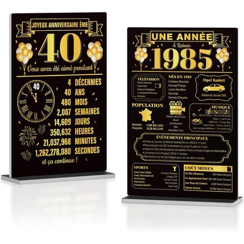 Ershi-Lot De 2 Décorations 40 Ans Et Année 1985, Plaques Commémoratives En Pvc Avec Base 15x6cm, Cadeau Rétro Anniversaire Adulte[1839]