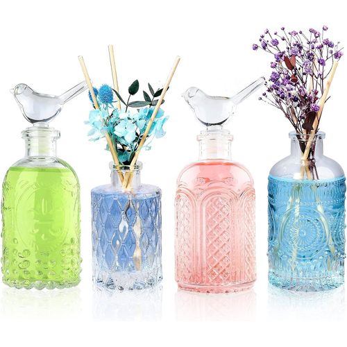 Ershi-Lot De 4 Flacons Diffuseurs À Roseaux Vides En Verre Transparent Pour Décoration De Parfum, Huile, Récipient Avec Bâtons Pou[5140] 