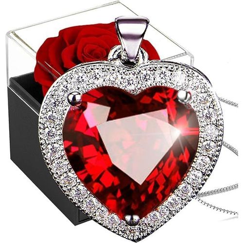 Ershi-Rose Éternelle Avec Rubis Collierconservée Avec Bijoux Argent 925fleurs Préservées Coeur Cristalboîte De Roses For Saint-Val[2592]