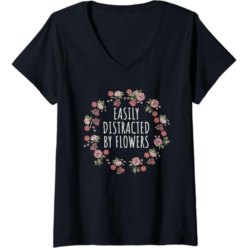 Kalanka-Femme Fleurs Faciles À Distraire - Cadeau De Jardinier Amoureux T-Shirt Avec Col En V