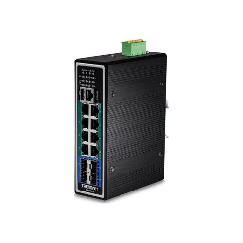 TRENDnet TI-PG1284I - Commutateur - C2+ - Géré - 8 x 10/100/1000 (PoE+) + 4 x Gigabit SFP - Montage sur rail DIN - PoE+ (240 W) - Conformité TAA