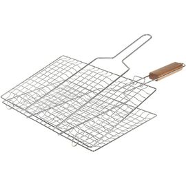 Grille de Barbecue Double Quadrillé Inox Poignée Bois Argent , 22 x 34 cm