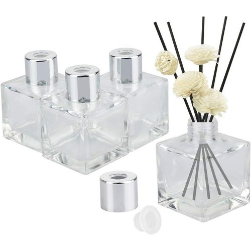 4 Pcs Flacon Diffuseur En Verre Bouteille Diffuseur Carré 50ml Diffuseur De Roseau Avec Bouchon Plastique Et Couverture Métallique Pour Parfum Huile Essentielle Maison Chambre - Transparent 