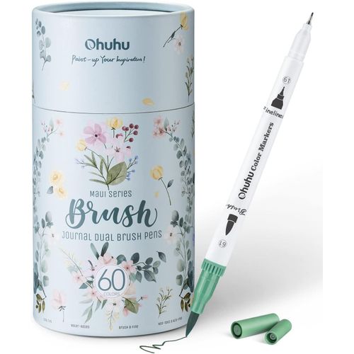 Feutre Coloriage Adulte, 60 Couleurs Aquarelle Stylos Feutres Double Pointe Fine Et Pinceau Pour Calligraphie Mandala Dessin Colorant, Maui ¿ Boîte Blanche