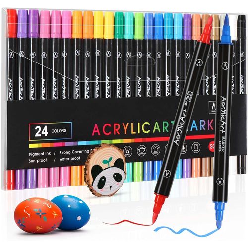 24 Couleurs Feutre Acrylique, Feutres Coloriage Adulte, Double Pointe Stylo Feutre Aquarelle, Acrylic Marker Pour Coloriage, Dessin, Peinture, Textile, Calligraphie, Bois, Verre, Pierre
