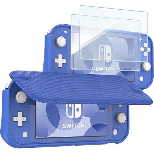 Coque À Rabat + 2 Film D'écran Pour Nintendo Switch Lite En 2019, Étui Antichoc De Protection Flip Cover, Battant Détachable, Verre Trempé Installer Facile, Minimaliste Et Assez Sobre-Bleu