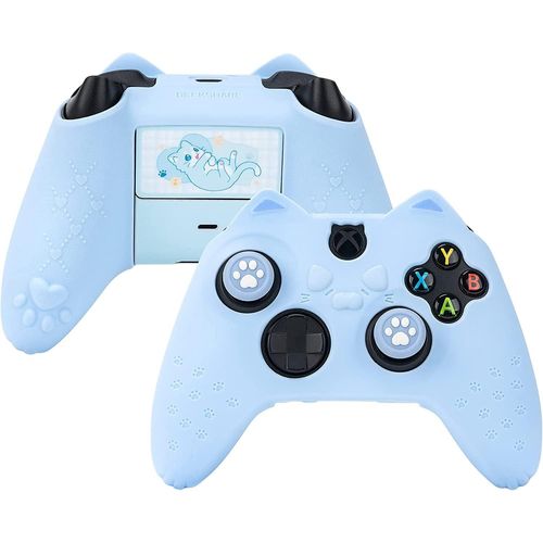 Coque De Protection Antidérapante En Silicone Pour Manette De Xbox One S/X Avec 2 Capuchons De Prise En Main De Chat Bleu