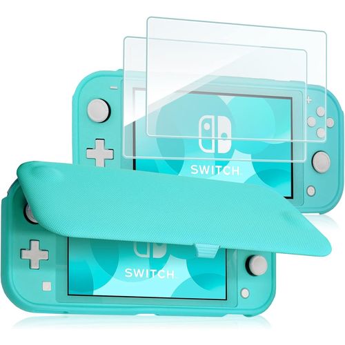 Coque À Rabat + 2 Film D'écran Pour Nintendo Switch Lite En 2019, Étui Antichoc De Protection Flip Cover, Battant Détachable, Verre Trempé Installer Facile, Minimaliste Et Assez Sobre