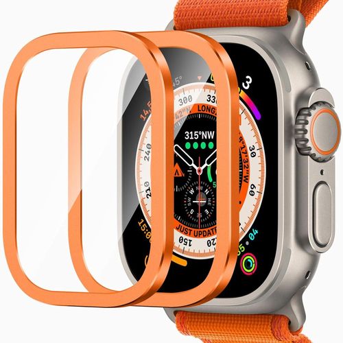 2 Pièces Protection Écran Pour Apple Watch Ultra/Ultra 2 49mm, Verre Trempé Cadre Alliage D'aluminium Anti-Rayures Housse Coque Pour Iwatch 49mm, A-Orange.[V1164]