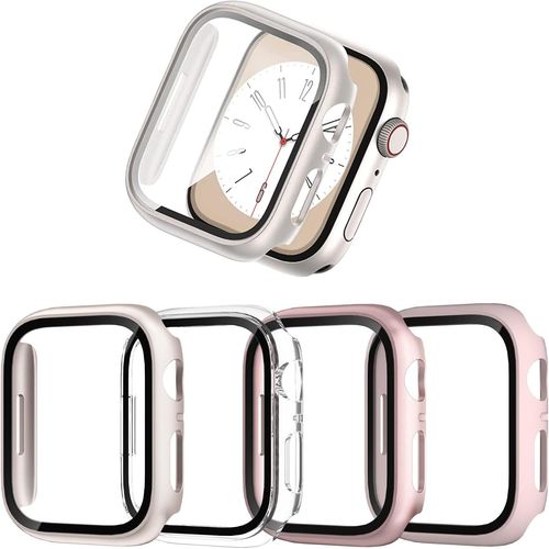 Lot De 4 Coques De Protection Pour Apple Watch Series 8/7 41 Mm,En Polycarbonate Rigide,Film De Protection D'écran En Verre Trempé Pour Iwatch 8/7 41 Mm,Transparent/Or Rose/Rose/Étoiles.[V633]