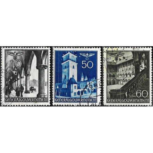 Pologne, Occupation Allemande, General Gouvernement, Beaux Timbres Yvert 63 64 Et 65, Cracovie, Arcades Du Marché Aux Draps De, Tour De L'Hôtel De Ville Et Cour Du Château, Oblitérés, Tbe.