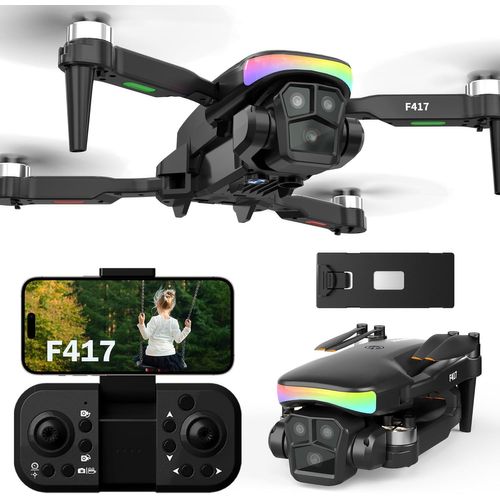 Clicksell-F417 Drone Avec Caméra Pour Adulte & Débutants, Double Caméra 1080p Hd,Lumières Led 90° Réglable,Wifi Fpv,Localisation Optique,Batterie Modulaire, App, Décollage/Atterrissage 1 Bouton, Sac-Fakjank