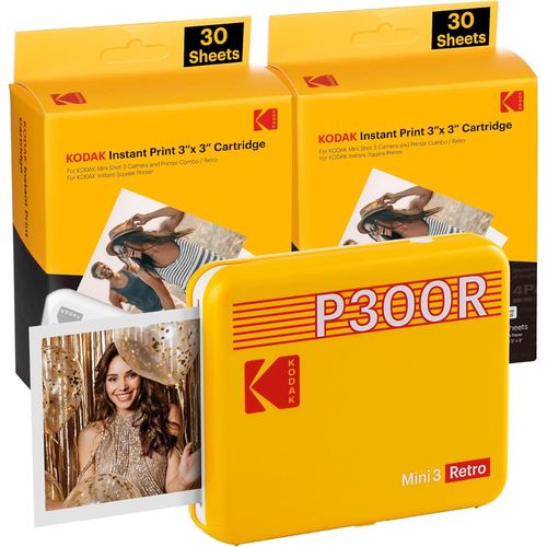 CLICKSELL-Mini 3 Retro 4Pass Imprimante Photo Portable (7,6X7,6Cm) - Paquet Avec 68 Feuilles, Jaune