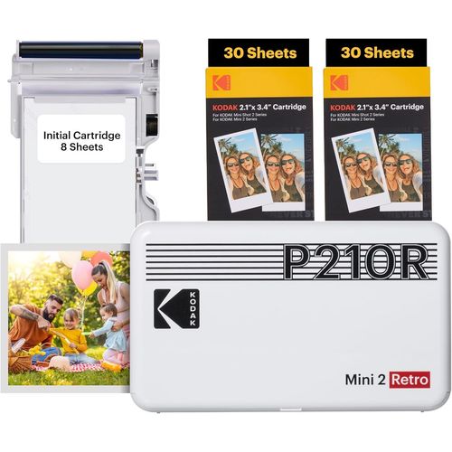 CLICKSELL-Imprimante Photo Portable Mini 2 Retro 4Pass (5,3 X 8,6 Cm) + Paquet De 68 Feuilles, Blanc