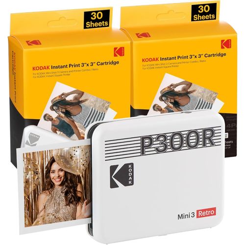 CLICKSELL-Mini 3 Retro 4Pass Imprimante Photo Portable (7,6X7,6Cm) - Paquet Avec 60 Feuilles, Blanc