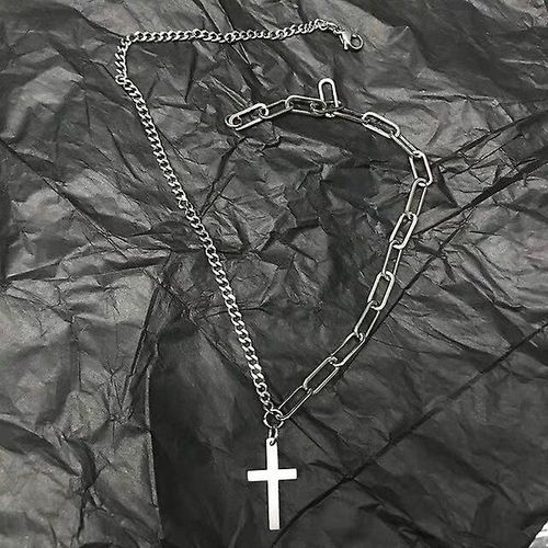 Mode Multicouche Chaîne En Métal Argenté Couleur Croix Collier Paire Hip Hop Punk Géométrique Pendentif Colliers Pour Femmes Hommes Couleur Croix