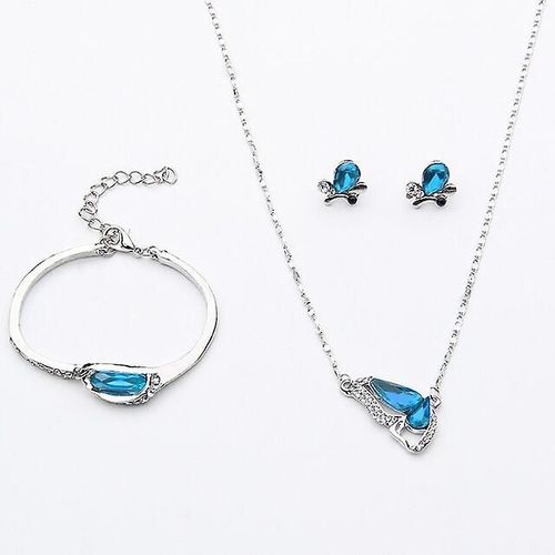 Ensemble De Bijoux Pour Femmes Couleur Or Argent Perles Accessoires De Mariage Collier En Cristal Pendentif Boucles D'oreilles Ensemble De Bagues Couleur Bse046a-Bleu