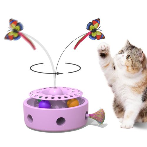 Jouet Électronique Intelligent 3 En 1 Pour Chaton Papillon Flottant, Plumes D'embuscade Se Déplaçant De Manière Aléatoire, Boule De Piste De Cloche D'herbe À Chat Rose