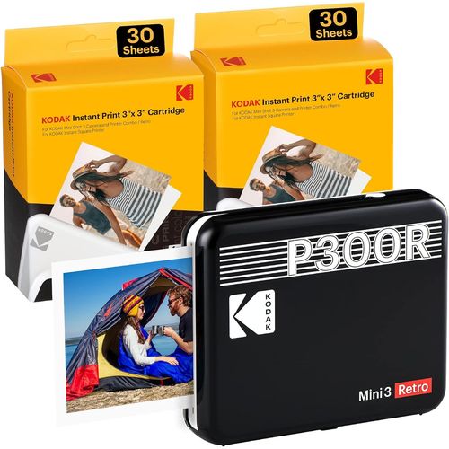 CLICKSELL-Mini 3 Retro 4Pass Imprimante Photo Portable (7,6X7,6Cm) - Paquet Avec 68 Feuilles, Noir