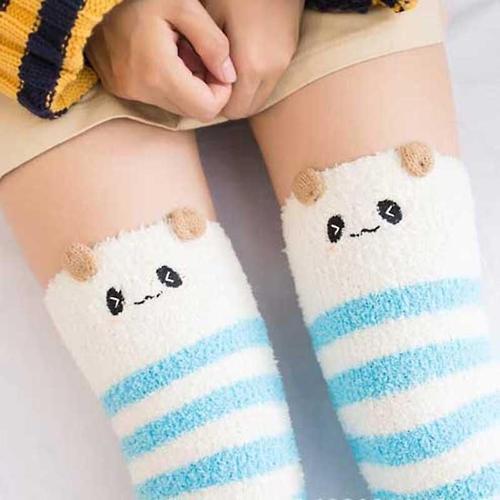 Femmes Filles Doux Corail Polaire Genou Bas Chaud Dessin Animé Animal Rayé Confortable Longue Cuisse Haute Noël Hiver Bas Taille Unique Panda Bleu