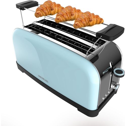 CLICKSELL-Grille-Pain Vertical 2 Fentes Longues Toastin' Time 1500 Bleu. 1500 W, 4 Tranches De Pain, Fente Large De 3,8 Cm, Support Pour Petits Pains Et Bac À Miettes, Acier Inoxydable Et Bleu