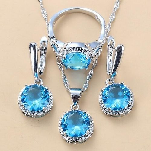 Ensemble De Bijoux De Mariage En Argent Pour Femmes, Boucles D'oreilles Et Collier, Pendentifs En Zircone, Ensemble De 3 Pièces, Costume De Mode Nouveauté 925-Taille 6 10 Couleur Bleu Ciel
