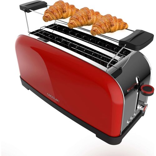 CLICKSELL-Grille-Pain Vertical 2 Fentes Longues Toastin' Time 1500 Rouge. 1500 W, 4 Tranches De Pain, Fente Large De 3,8 Cm, Support Pour Petits Pains Et Bac À Miettes, Acier Inoxydable Et Rouge