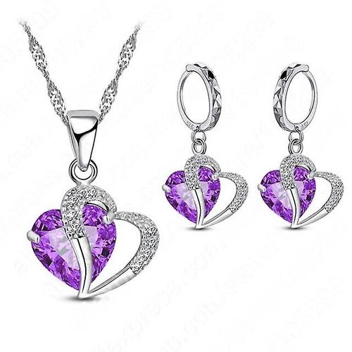 Collier Et Boucles D'oreilles En Argent Sterling 925 Pour Femmes, Ensemble De Luxe En Zircon Cubique, Piercing Du Cartilage, Design C¿Ur, Bijoux De Mariage, Couleur Violet