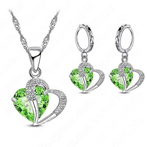 Collier Et Boucles D'oreilles En Argent Sterling 925 Pour Femmes, Ensemble De Luxe En Zircon Cubique, Piercing Du Cartilage, Design C¿Ur, Bijoux De Mariage, Couleur Vert