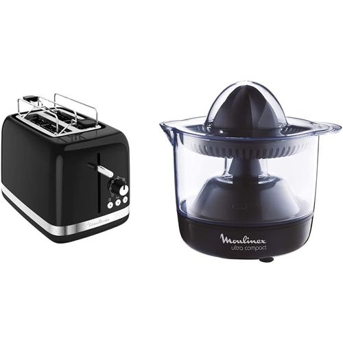 CLICKSELL-Soleil Grille Pain 2 Fentes, 850 W, Thermostat 7 Positions, Rechauffage, Decongelation & Presse Agrumes Électrique Ultra Compact 25W Jus Orange Citron Pamplemousse Capacité 0,45L Noir